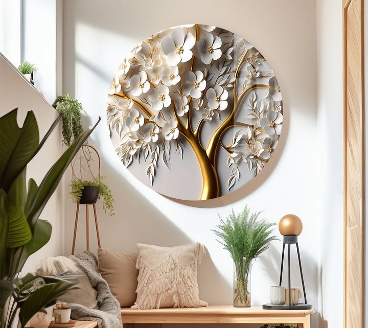 Golden Blossom Tree Wandkunst – Weißes Blumenglaskunstwerk für elegantes Dekor