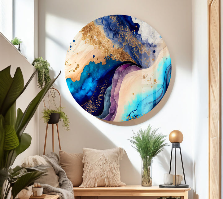 Elegant Blue & Gold Abstract Glass Wall Art – Luxury Modern Decor