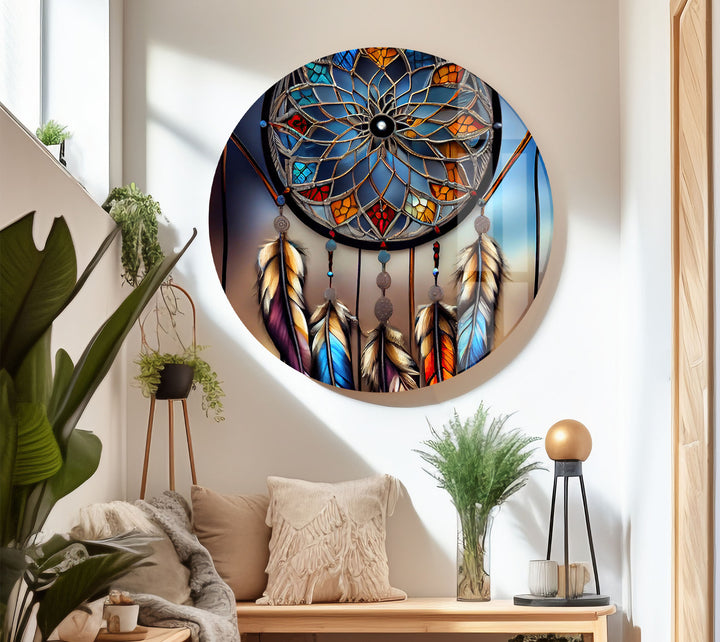 Dreamcatcher Stained Glass Wall Art – Boho Spirit Window Design, Tribal Home Decor