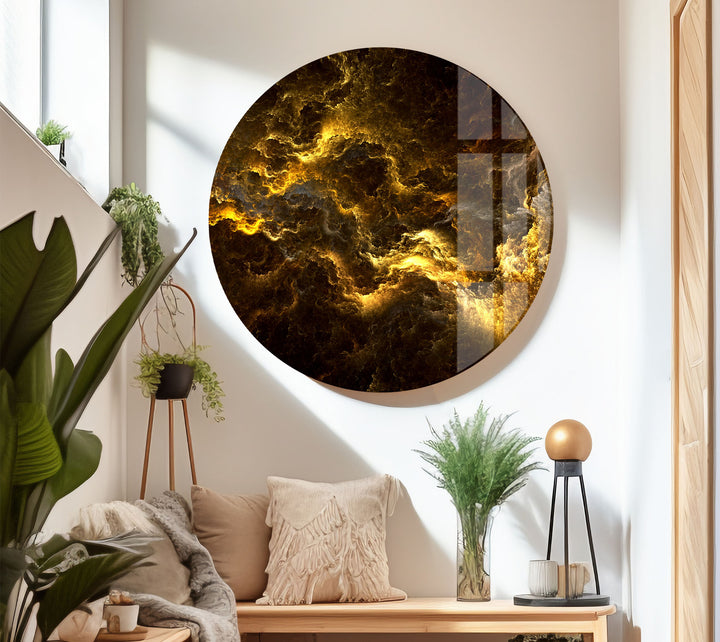 Golden Storm Nebula Wandkunst – Abstrakter kosmischer Glasdruck 