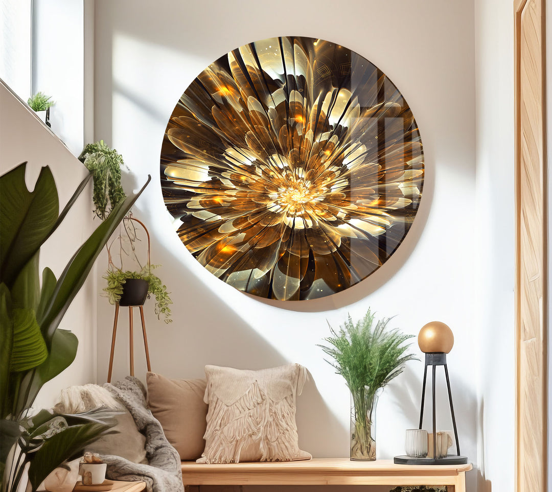 Golden Bloom Burst Wall Art – Radiant Abstract Flower Glass Print