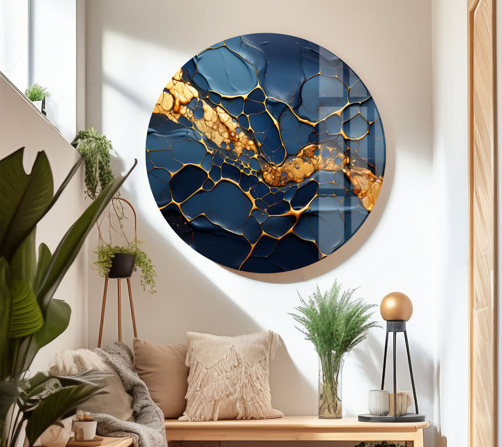 Dark Blue and Gold Abstract Wall Art – Cracked Fluid Glass Print Design