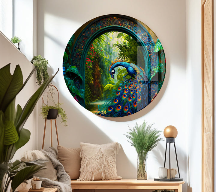 Majestic Peacock Garden Glass Wall Art – Elegant Nature-Inspired Decor