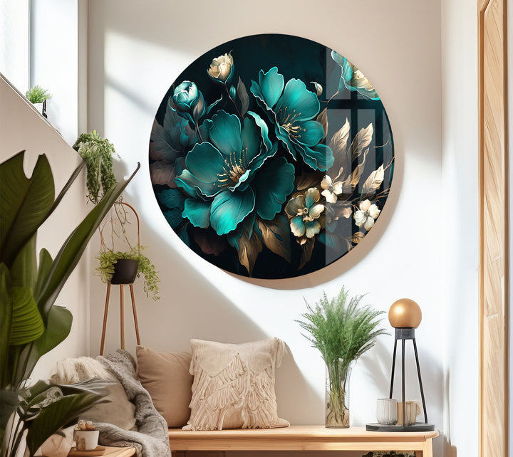 Blaugrüne und goldene florale Wandkunst – Luxuriöses botanisches Glasdruckdesign