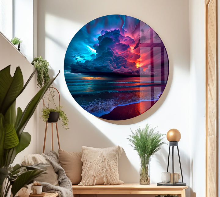 Wandkunst mit stürmischem Strandsonnenuntergang – Lebendiges Himmel- und Ozean-Glasdruckdesign