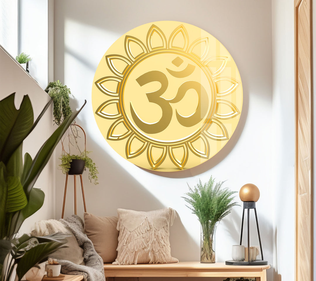 Goldenes Om-Symbol Wandkunst – Spirituelles Hindu-Dekor Glasdruck