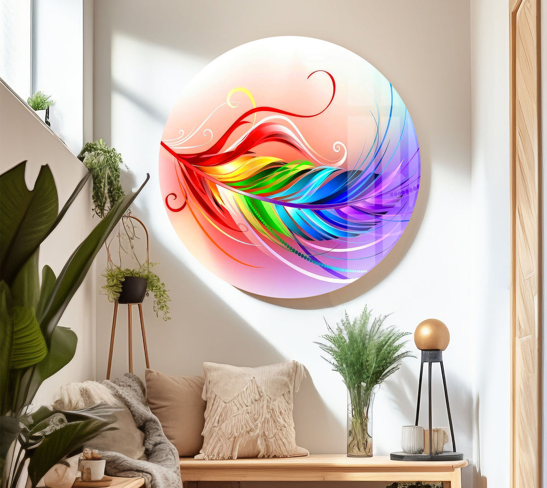 Rainbow Feather Glass Wall Art – Colorful Abstract Design for Modern Interiors