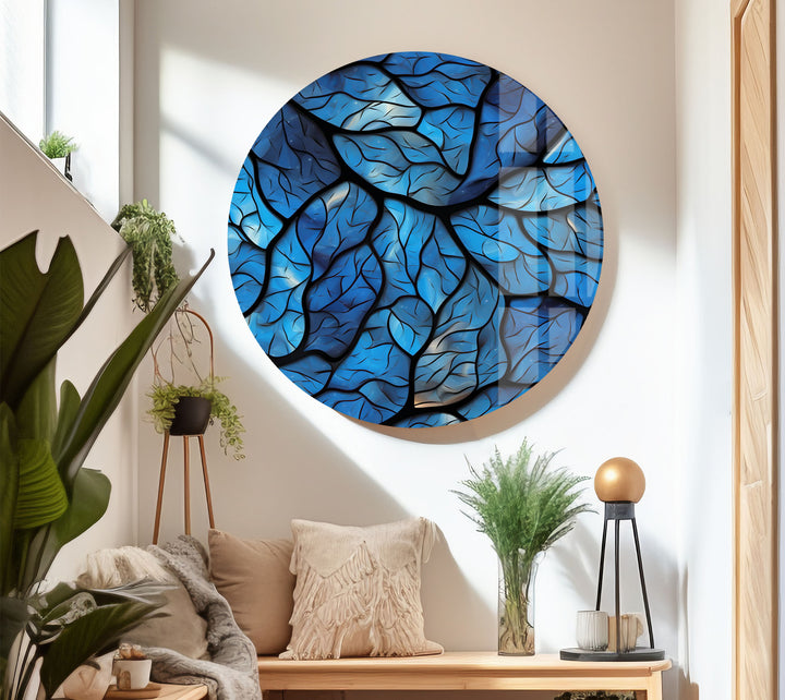 Blaues Blattmosaik-Wandbild – Abstrakter Naturglasdruck für modernes Dekor