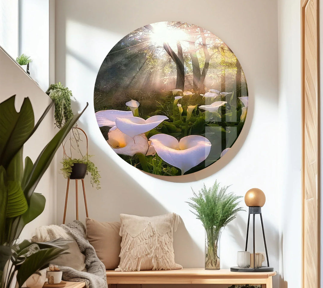 White Lily Forest Wall Art – Sunlit Flower Glass Print, Peaceful Botanical Nature Decor for Bedroom or Living Room - MyPhotoStation