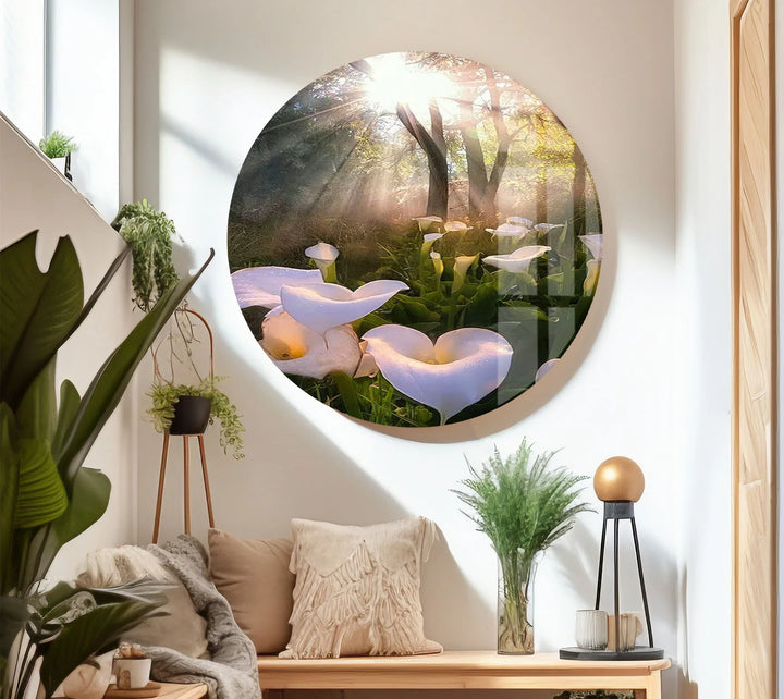White Lily Forest Wall Art – Sunlit Flower Glass Print, Peaceful Botanical Nature Decor for Bedroom or Living Room - MyPhotoStation