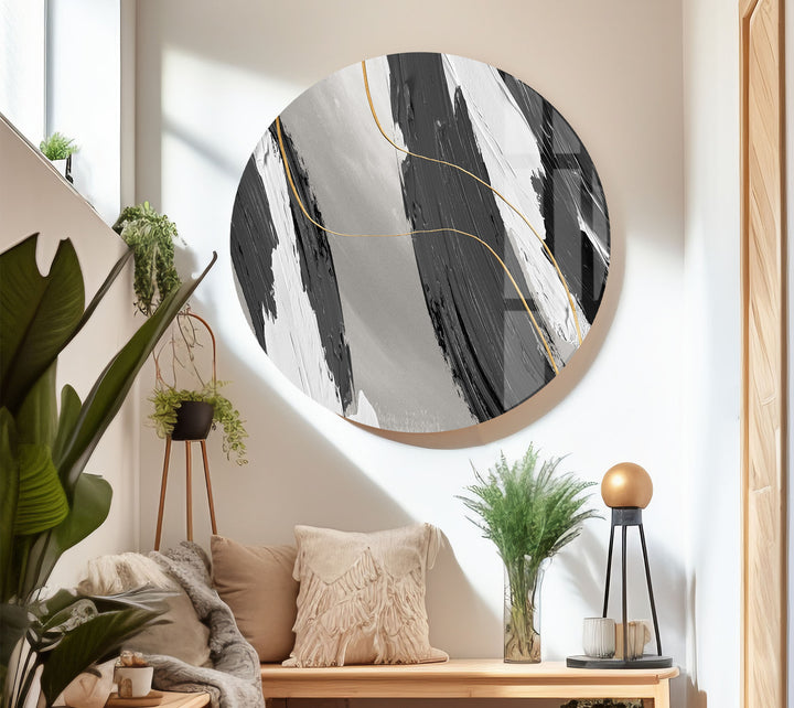 Monochrome Gold Abstract Wall Art – Glass Print for Modern Interiors