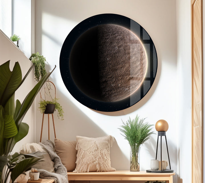 Wandkunst auf der Mondoberfläche – Minimalistischer Weltraum-Glasdruck 