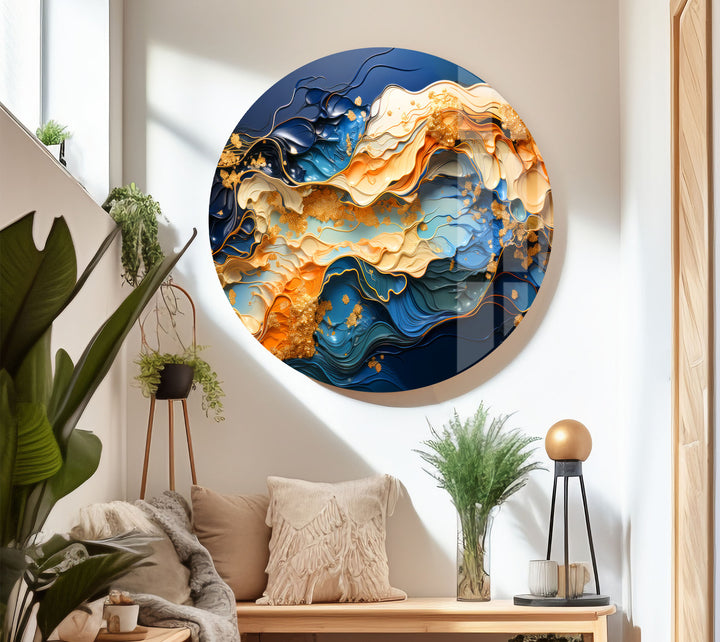 Blue Gold Abstract Wave Wall Art – Modern Fluid Glass Print for Interior Elegance