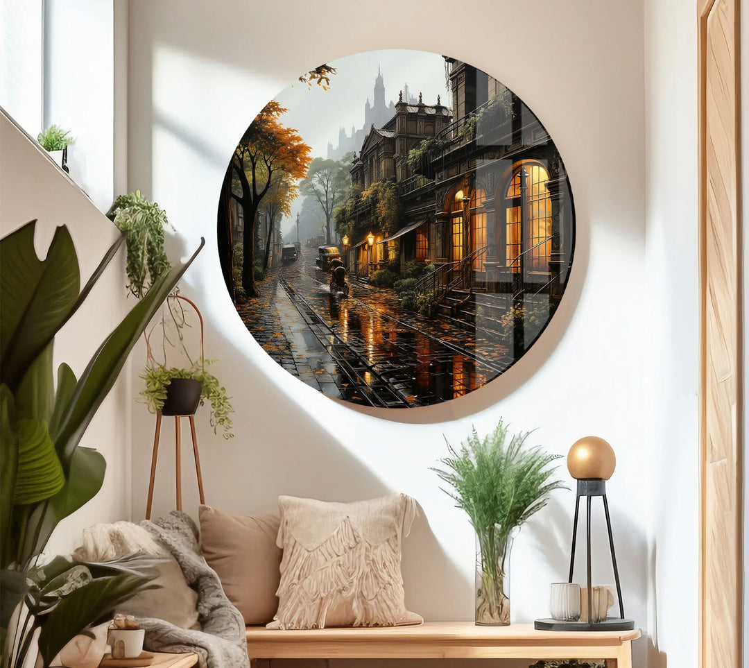 Rainy Vintage Street Wall Art – Warm Autumn Cityscape Glass Print - MyPhotoStation