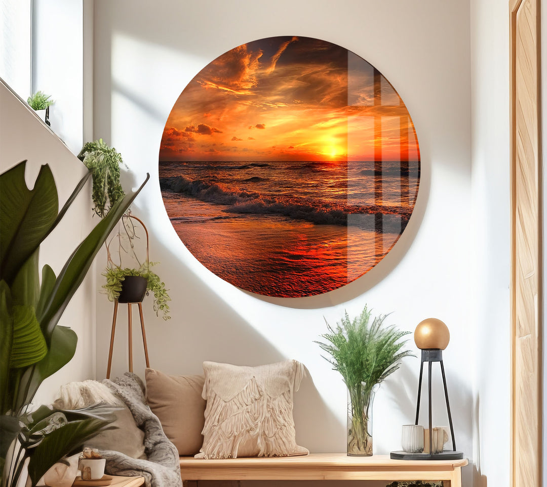 Fiery Sunset Ocean Wall Art – Bold Coastal Glass Print for Dramatic and Modern Interiors