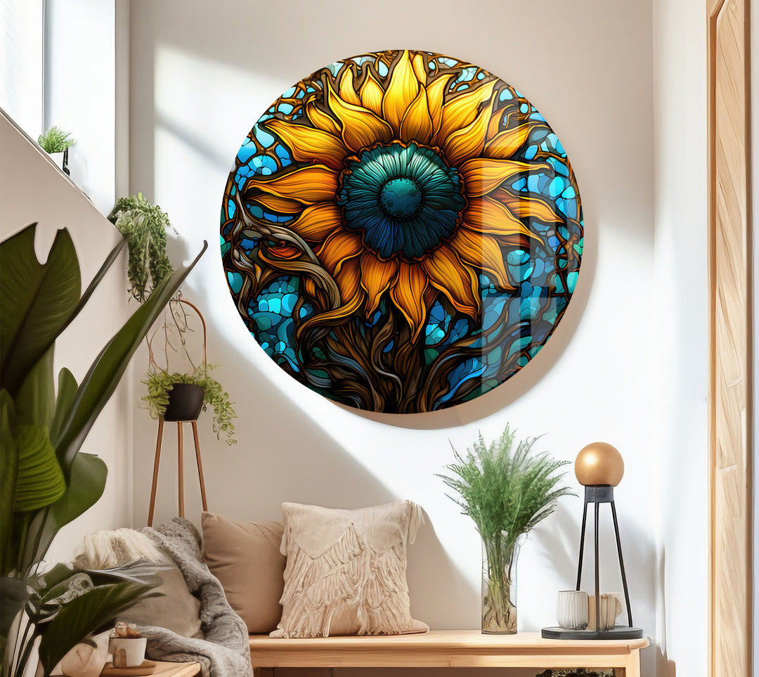 Sonnenblumen-Buntglas-Wandkunst – Lebendiges, florales, von der Natur inspiriertes Dekor 