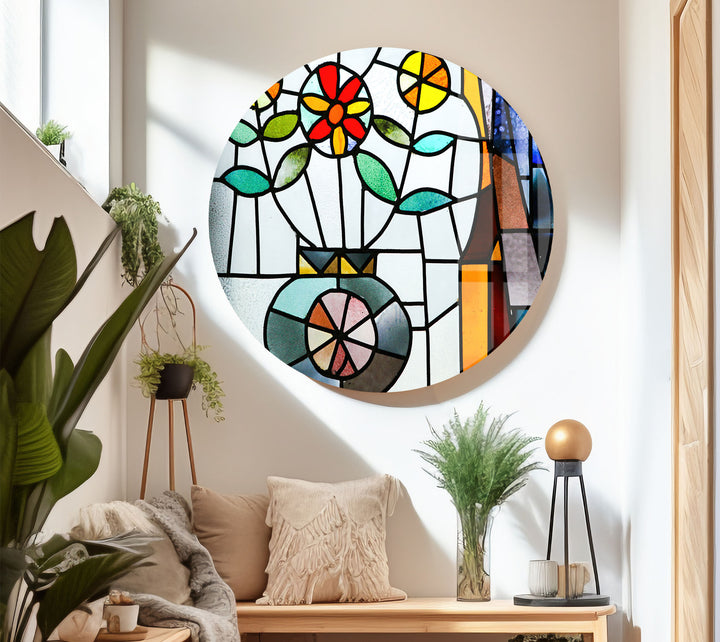 Floral Stained Glass Wall Art – Colorful Flower Vase Mosaic Panel