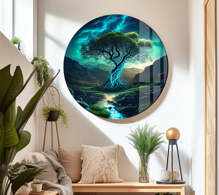 Mystisch leuchtender Baum als Wandkunst – Verzauberter Nachtstrom als Glasdruck