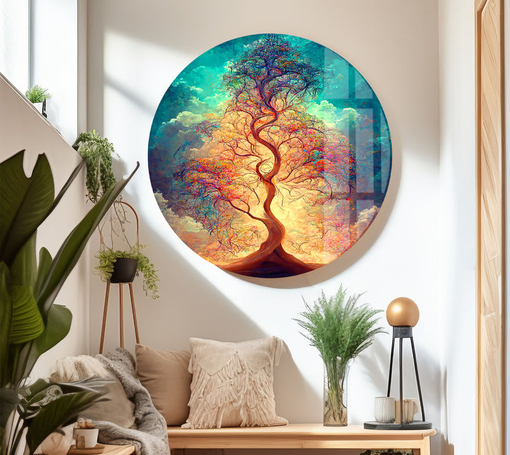 Strahlender Lebensbaum Wandkunst – Ätherisches Licht Fantasy Glasdruck