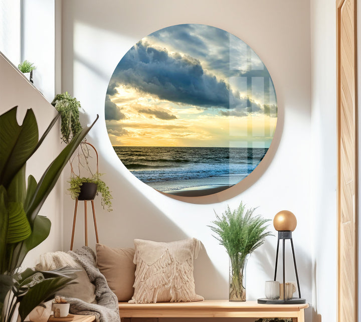 Stormy Sky Ocean Wall Art – Dramatic Cloudy Beach Glass Print for Modern Coastal Interiors