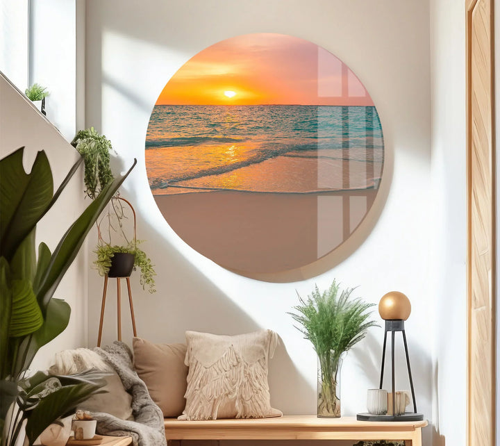 Tranquil Sunset Beach Wall Art – Coastal Ocean Waves with Soft Orange Glow - MyPhotoStation
