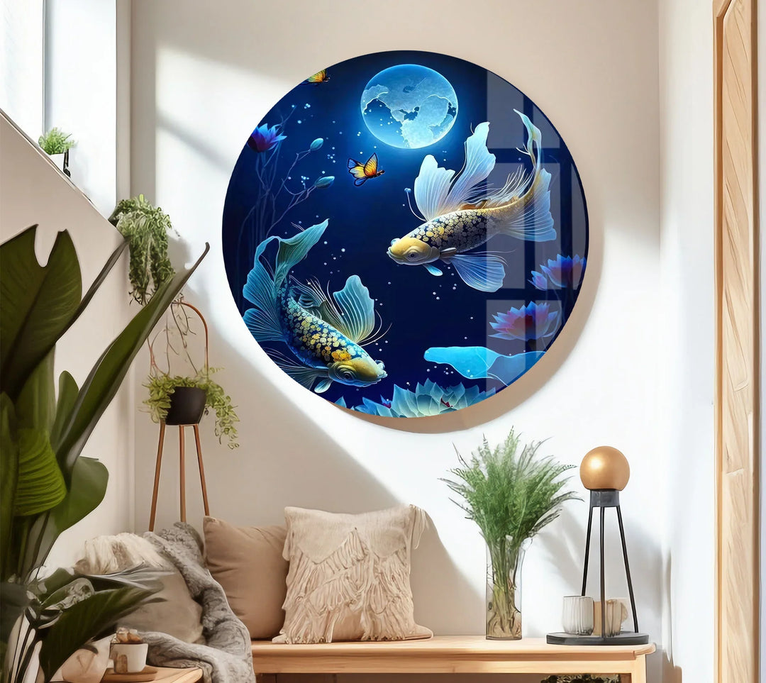 Moonlit Koi Fish and Lotus Wall Art – Tranquil Blue Glass Panel for Zen Decor