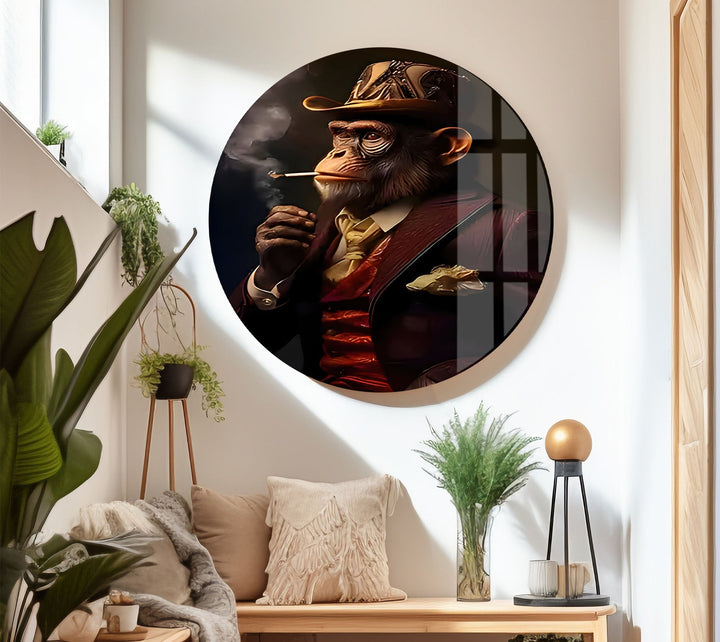 Old Monkey Smoking Glass Wall Art glass photo prints, glass picture prints
