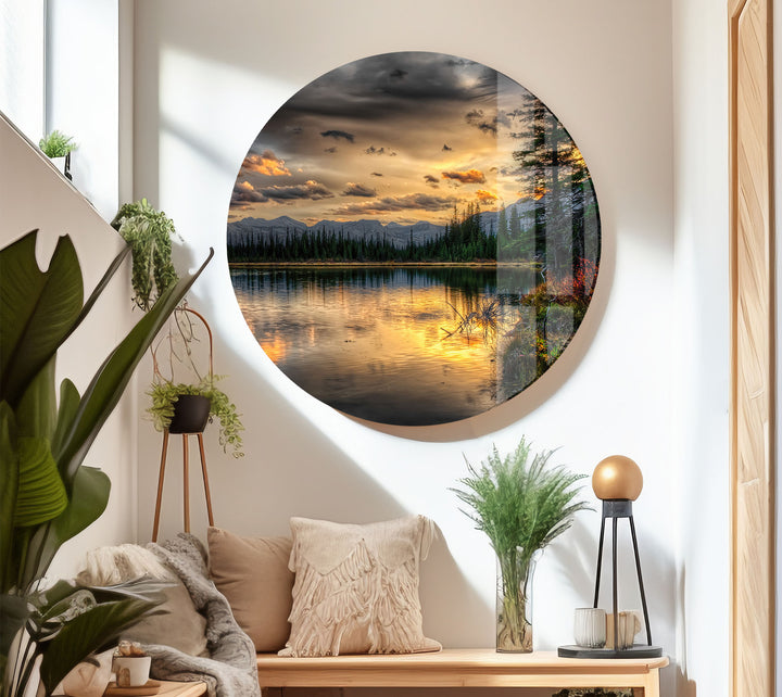 Sunset Lake Wall Art – Serene Forest Landscape Glass Print
