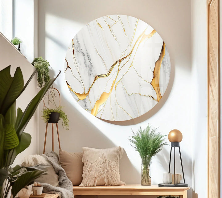 White Marble Wall Art with Gold Veins – Elegant Abstract Glass Print for Modern Luxury Interiors - MyPhotoStation