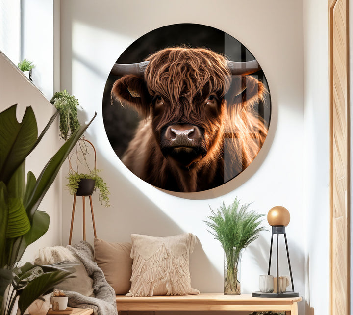 Highland Cow Wall Art – Rustic Brown Longhorn Glass Print Décor