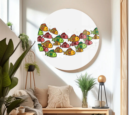 A vibrant school of colorful fish creates a lively print wall art, bursting with playful energy.