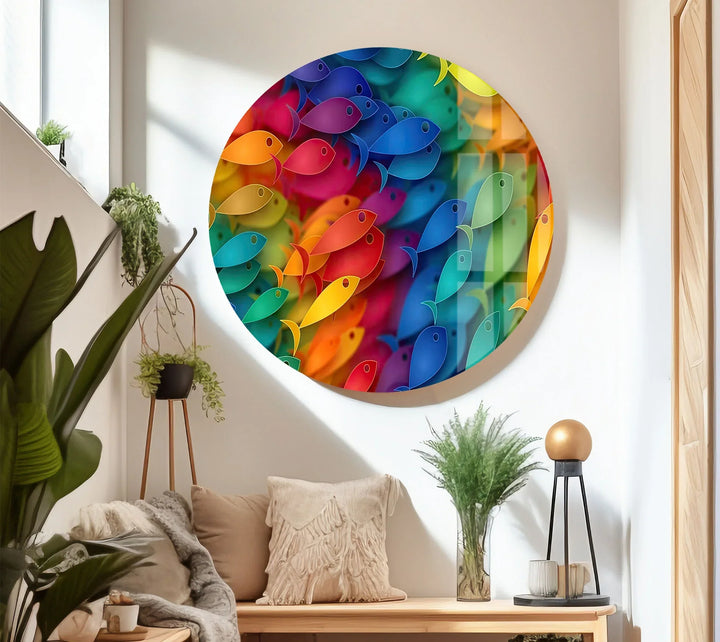 Rainbow Fish Wall Art – Colorful Glass Print with Vibrant School of Fish Design for Playful or Coastal Interiors - MyPhotoStation