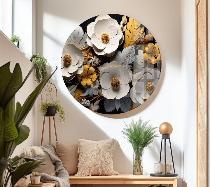 Luxuriöse florale Glaswandkunst – Gold- und weißes 3D-Blumendesign 