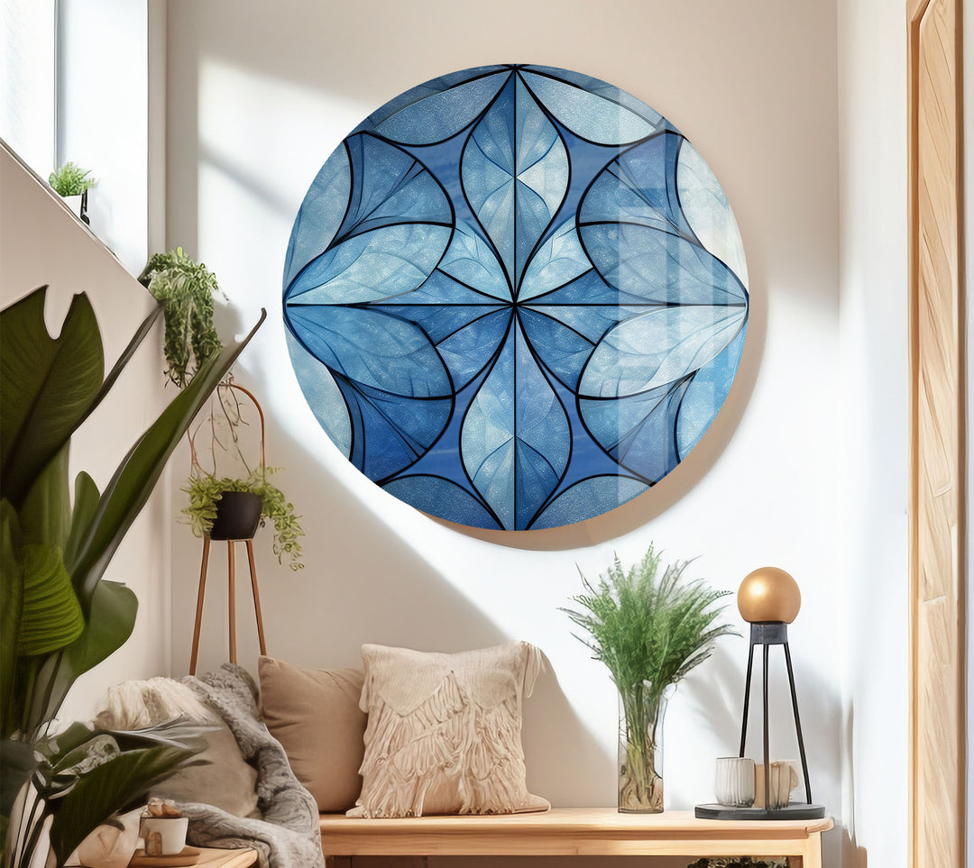 Blue Floral Geometric Wall Art – Modern Glass Panel with Elegant Petal Design