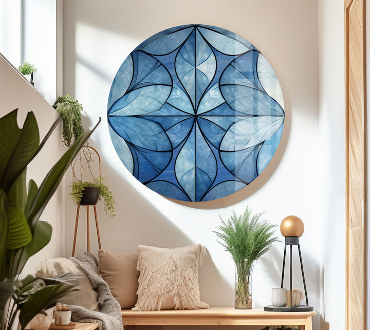 Blue Floral Geometric Wall Art – Modern Glass Panel with Elegant Petal Design
