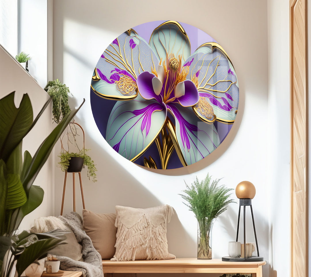 Luxuriöse Wandkunst mit Orchideenblüte – Lila- und Goldblumen-Glasdruck
