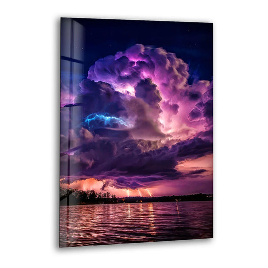 Lightning Storm Wall Art – Purple Thundercloud Over Lake Glass Print - MyPhotoStation