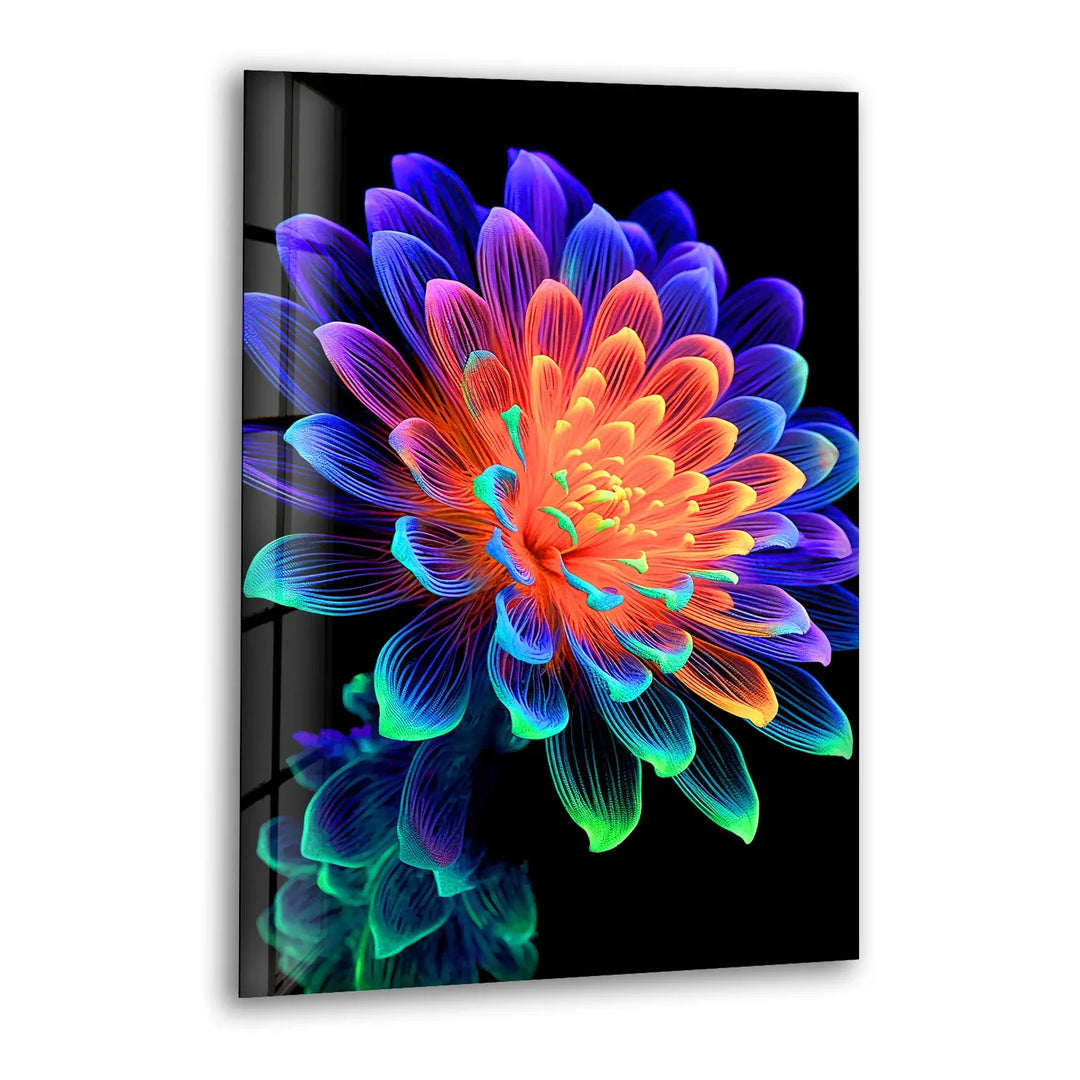 Neon Rainbow Flower Wall Art – Vibrant Glass Print with Glowing Petals on Black for Modern and Artistic Interiors - MyPhotoStation