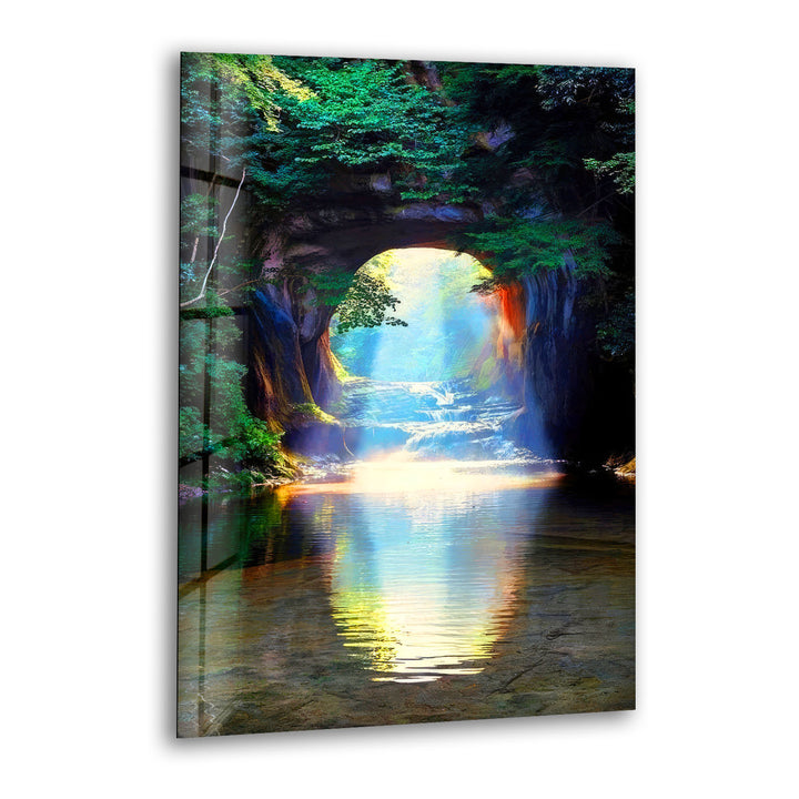 Waldlichttunnel-Wandkunst – Sonnenstrahlreflexions-Glasdruckdesign