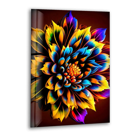 Vibrant Rainbow Flower Wall Art – Color Explosion Glass Print with Glowing Petals for Artistic Modern Interiors - MyPhotoStation