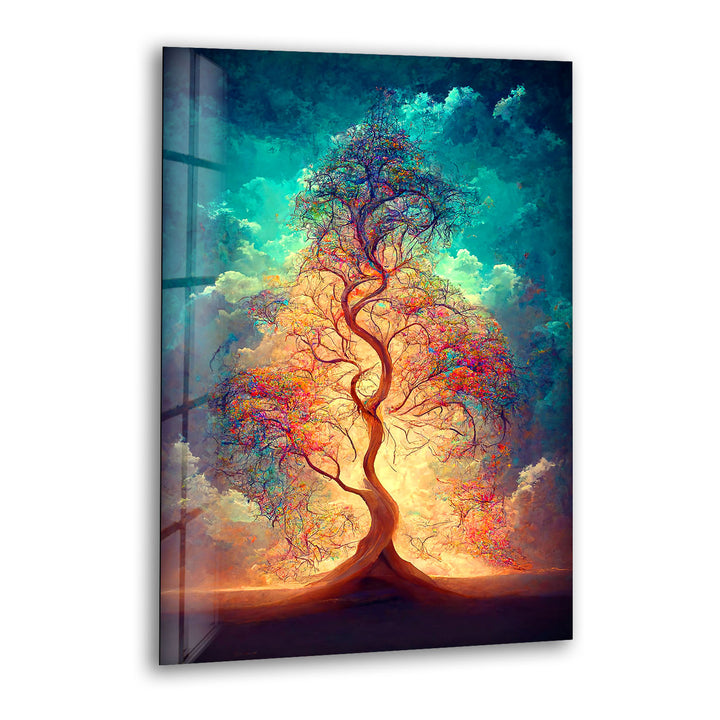 Strahlender Lebensbaum Wandkunst – Ätherisches Licht Fantasy Glasdruck