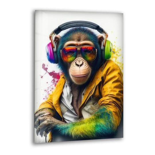 Cool DJ Monkey Wall Art – Colorful Headphones Glass Print for Modern Pop Decor - MyPhotoStation