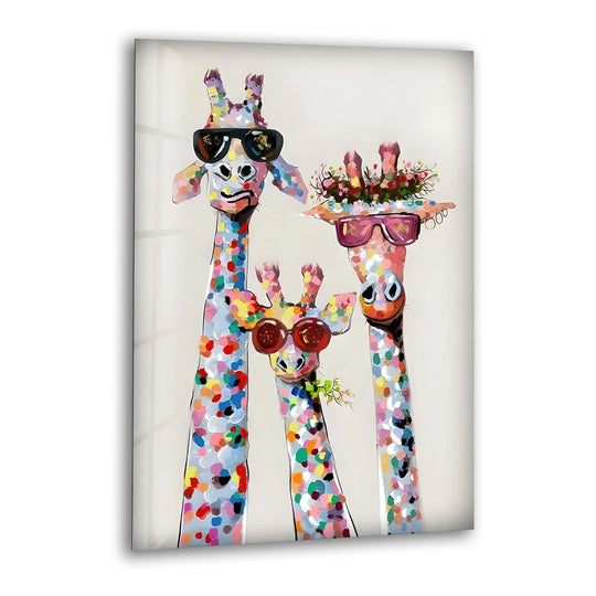 A plain cream background highlights this playful glass wall art print featuring three colorful giraffes wearing sunglasses.