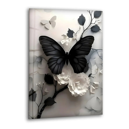 Black Butterfly & Flowers Glass Wall Art print picture on glass, Tempered Glass Wall Art
