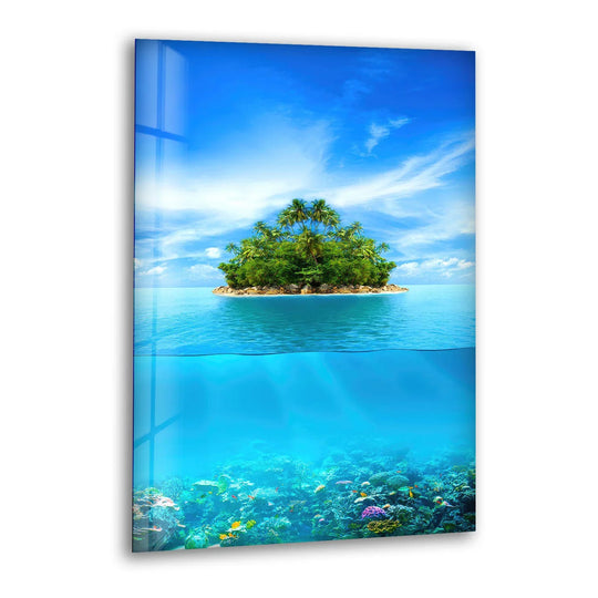 Tropical Island Reef Wall Art – Over & Underwater Vertical Glass Print - MyPhotoStation