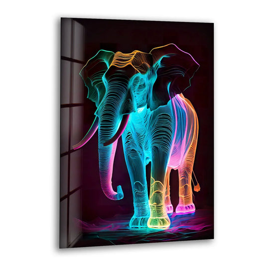 The elephant animal design is a vibrant neon abstract glass wall art and glass print decor for modern animal wall decor and bold interiors