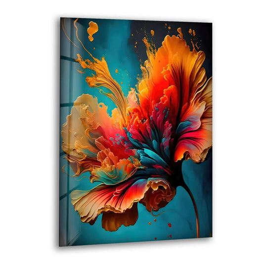 An abstract orange and pink vivid flower, the brightest area of this tempered glass wall art, explodes with color against a teal background.