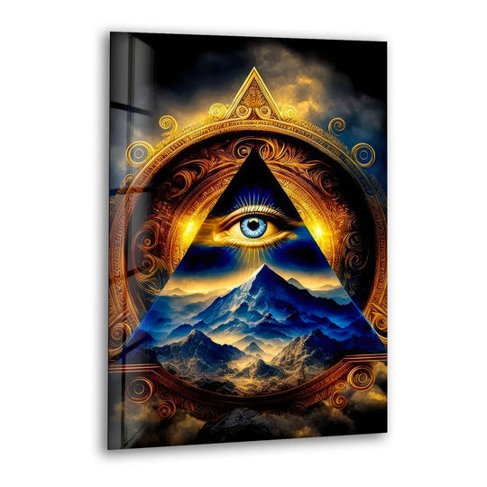Eye of Providence Wall Art – Mystical Glass Print with Golden Pyramid and Mountain Scene for Spiritual and Esoteric Decor - MyPhotoStation