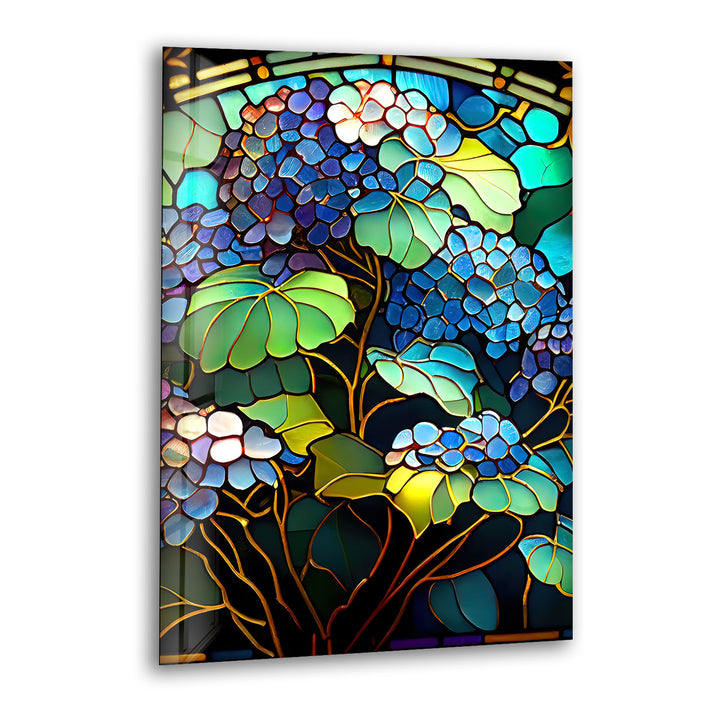 Blaue Hortensie Buntglas-Wandkunst – Vertikaler Blumenglasdruck