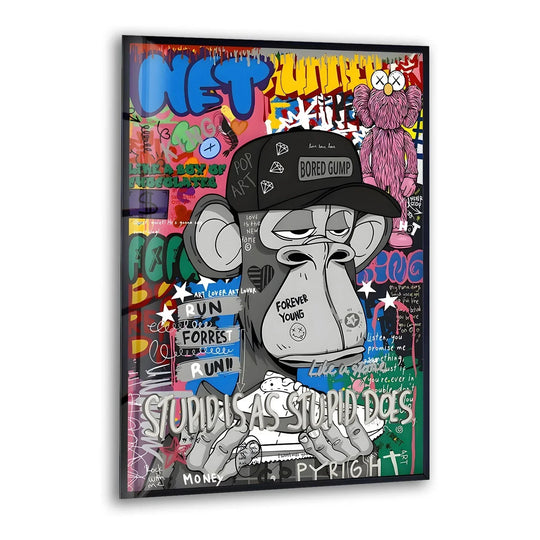 Pop art monkey face tempered glass wall art with graffiti creates a dynamic sense of chaotic movement.